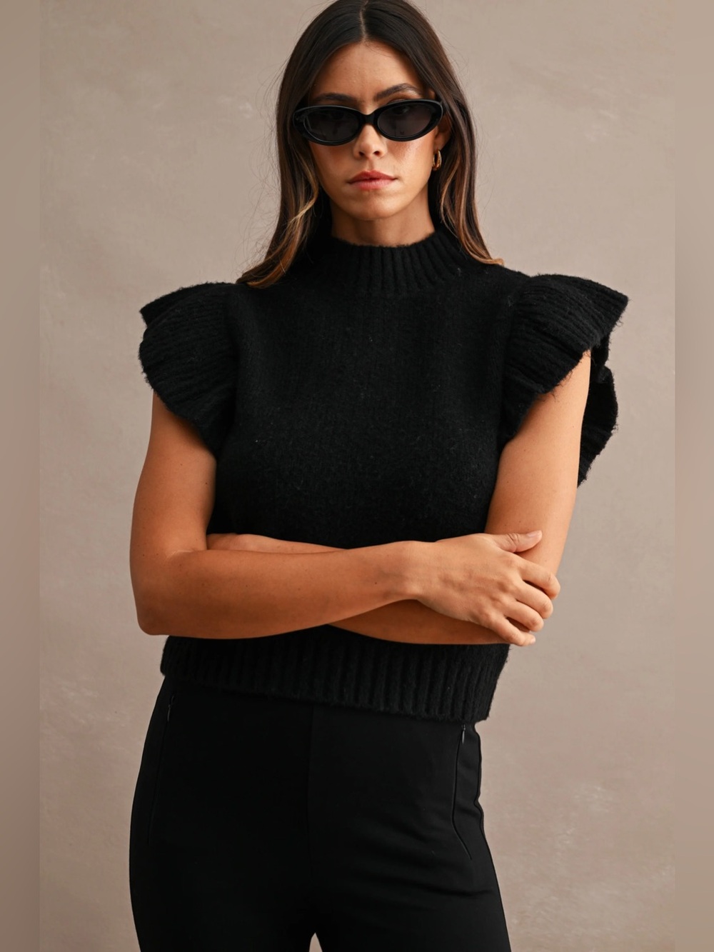NWT Black Ruffle Sleeve Mock Neck Knit Sweater | Cozy Comfy Sweater